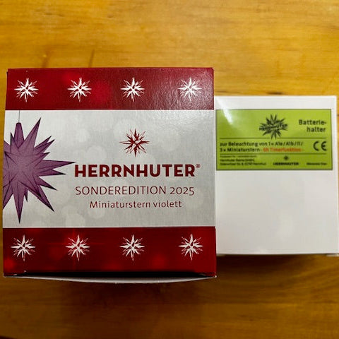 Set: Herrnhutder Sonderedition Miniaturstern 8cm violett mit Batteriehalter